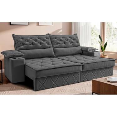 Imagem de Sofá Retrátil e Reclinável 2,40m com Porta Copos e Molas Cosmos Velusoft Cinza Cama Inbox