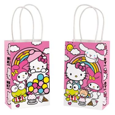 Imagem de Unique Sacos multicoloridos para lembrancinhas de festa da Hello Kitty - 21,6 cm x 14 cm x 3,5, pacote com 8 sacos de petisco kraft rosa - Sacos de papel perfeitos para aniversário de crianças, chá de