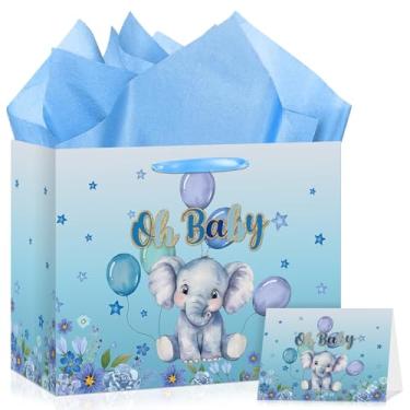 Imagem de Saco de chá de bebê elefante azul Oh Baby Boy Elefante Saco de papel de embrulho com cartão de felicitações grande azul floral material de festa revelação de gênero para meninos recém-nascidos