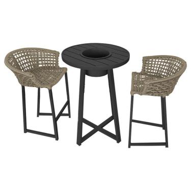 Imagem de Conjunto Bistrô Champanheira Tampo Ripado E 2 Banquetas Reis Corda Náutica Rami - Cor: Bege