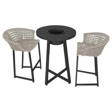 Imagem de Conjunto Bistrô Champanheira Tampo Ripado E 2 Banquetas Reis Corda Náutica Areia - Cor: Bege