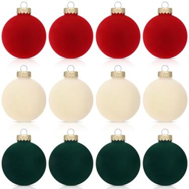 Imagem de Conjunto de 12 bolas de veludo para árvore de Natal de plástico flocada para decoração de festa de Natal (branco, verde, vermelho, 8 cm)