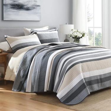 Imagem de PERHOM Conjunto de colcha king size 100% algodão, cinza azul e bege, listrado com 2 fronhas, edredom fino e leve, conjunto de cama de patchwork macio, 3 peças