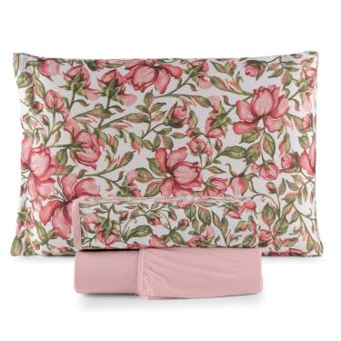 Imagem de Jogo De Lençol Luar Solteiro 3 Peças Malha 100% Algodão Estampado Rose Floral