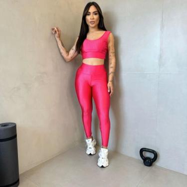 Imagem de Conjunto Feminino Academia Fitness Cirrê 3D Canelado Top com Bojo + Le