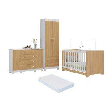 Imagem de Quarto de Bebê Completo Berço Americano 3 em 1 Colchão Allegra Multimóveis Mp4610 Branco/madeirado