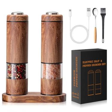 Imagem de Conjunto de moedor de sal e pimenta elétrico recarregável – Saleiro e pimenteiro automático com base de madeira, grossura ajustável, luz LED, conjunto de saleiro e pimenteiro com uma mão