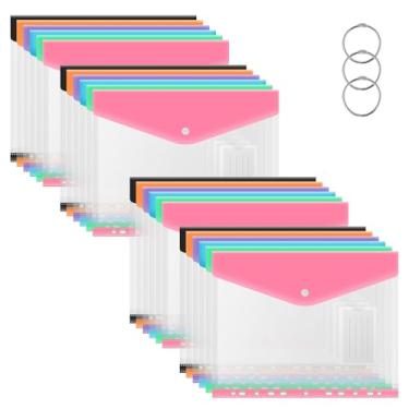 Imagem de 24 pastas de fichário de envelopes, bolso para fichário de 11 furos com botão de pressão, pasta de arquivo de plástico à prova d'água para escola, casa, trabalho, escritório (estilo 1)