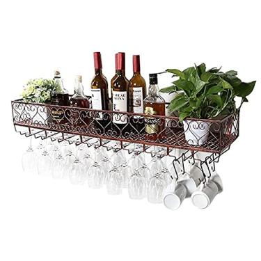 Imagem de Prateleiras de vinho de metal, prateleira de vinho pendurada na parede com suporte de vidro e suporte de garrafa Suporte de vinho rústico para taças de champanhe, marrom vintage/60 * 25 * 17 cm