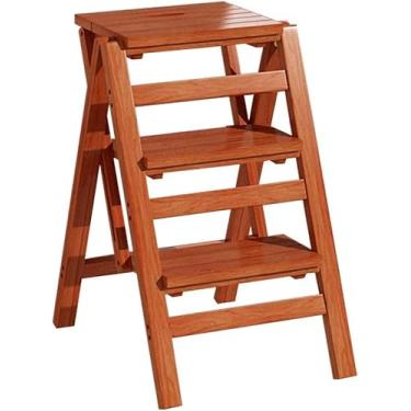Imagem de Banqueta de madeira, escada dobrável de madeira, 3 degraus, cadeira dobrável, escada multifunções de madeira de pinheiro (D) (C)