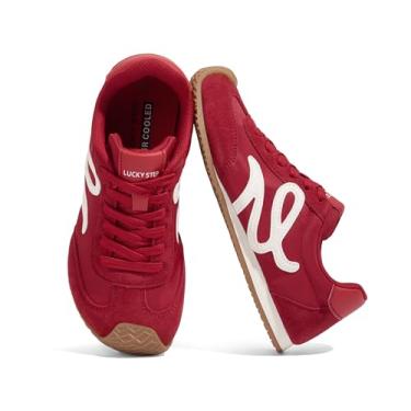 Imagem de LUCKY STEP Tênis feminino retrô moderno clássico casual sola fina bonito confortável couro genuíno tênis leve moderno tênis de caminhada, Vermelho, 36