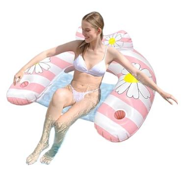 Imagem de Infláveis para piscina – Cadeira flutuante em forma de U | Boia de bronzeamento com listras rosa e brancas para homens, festa na praia, lago rio, quintal, ao ar livre