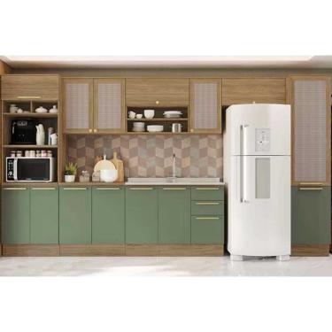 Imagem de Cozinha Modulada Completa Botanic 8 Peças (3Aéreos+2Balcões+2Paneleiros+1Complemento) s/Pia M651 Nogueira/Verde Oliva - Kappesberg