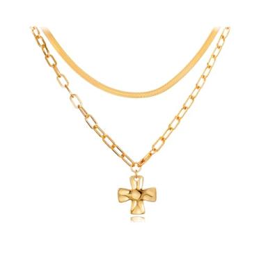 Imagem de Locrccl Colar de cruz grossa para mulheres, colar com pingente de cruz martelada em camadas de prata dourada, clipe de papel, corrente de pingente de espinha de peixe, gargantilha de cobra, joias