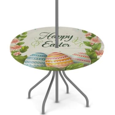 Imagem de hongjinglin Toalha de mesa de Páscoa para uso ao ar livre com orifício para guarda-chuva, toalha de mesa redonda elástica com zíper, impermeável, limpável, para piquenique, festa, pátio, serve para
