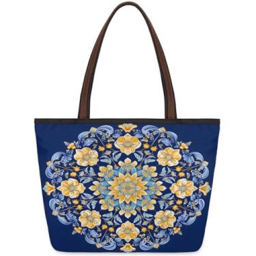 Imagem de Sacola grande para mulheres mandala flor étnica azul trabalho bolsas com zíper reutilizável mercearia bolsas de mão casual viagem pernoite tote bolsas adequadas para viagens, trabalho, férias, praia