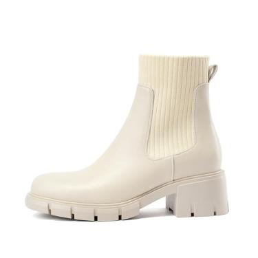 Imagem de Eurouram Botas Chelsea femininas, botas de cano curto plataforma elástica com sola de salto bloco para encontros ao ar livre em casa, Bege, 38