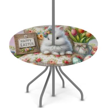 Imagem de hongjinglin Toalha de mesa de Páscoa para uso ao ar livre com orifício para guarda-chuva, toalha de mesa redonda elástica com zíper, impermeável, limpável, para piquenique, festa, pátio, serve para