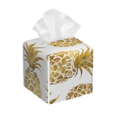 Imagem de Porta-lenços de couro quadrado à prova d'água com estampa de abacaxi organizador de papel facial amarelo com cinto inferior cubo estojo de lenços para mesa, banheiro, escritório, mesa, carro