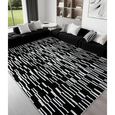 Imagem de YIHOUSE Tapete de área de linha abstrata 20 x 25 cm, tapetes modernos laváveis resistentes a manchas, antiderrapante, tapete grande macio para sala de estar, quarto, sala de jantar, preto e branco