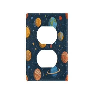 Imagem de Blueangle Placa de parede com desenho animado sistema solar planetas duplex, tamanho padrão, placas de cobertura de tomada elétrica de 1 gangue para decoração de quarto de escritório em casa, 4,53 x