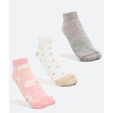 Imagem de Kit 3 Pares Meias Soquete Feminina Estampadas Marisa-70242, 34/39, Ros