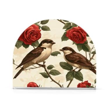 Imagem de Qilmy Suporte de guardanapo com padrão de rosa vermelha e pássaro para mesas, porta-guardanapos de papel de placa acrílica elegante, dispensador de papel de seda independente moderno para sala de