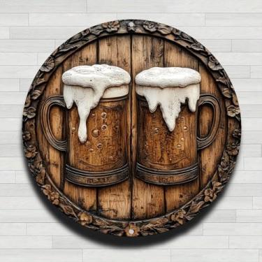 Imagem de Canecas de cerveja de madeira com espuma no barril placa de parede redonda de alumínio rústico vintage, 20 cm, presentes internos e externos e decoração para casa, escritório, café e fazenda