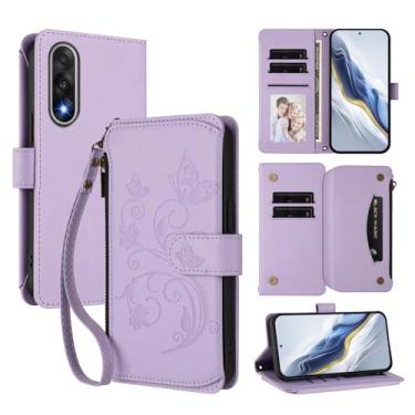 Imagem de Capa carteira para OnePlus Ace 5 Ultra com porta-cartões, bolso com zíper e alça longa - capa fólio de couro com fecho magnético, suporte, capa feminina anti-impressão digital (roxo claro)