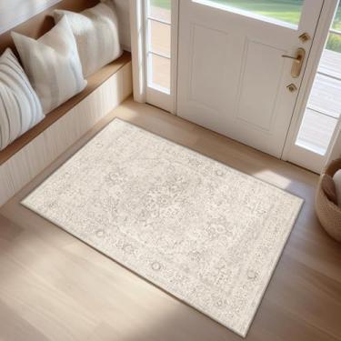 Imagem de FMFUNCTEX Tapete de entrada 5 x 7 cm lavável bege vintage envelhecido tapete de porta oriental antiderrapante tapete interior macio retrô pequeno tapetes para entrada quarto cozinha banheiro