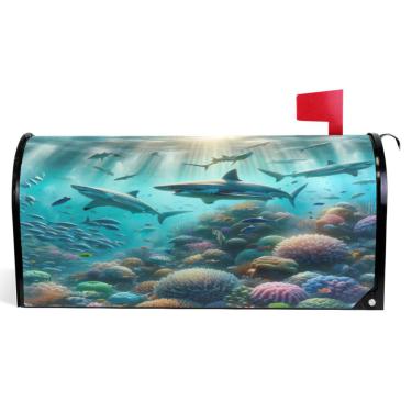 Imagem de TSENQUE Tubarões subaquáticos coral outono capas magnéticas sazonais primavera caixa de correio envoltório vinil decoração moderna caixa de correio tamanho padrão 52,6 x 45,8 cm
