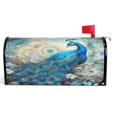 Imagem de TSENQUE Capas de caixa de correio magnéticas decorativas de vinil capa de caixa de correio caixa de correio moderna decoração de jardim azul pavão floral tamanho grande 64,5 x 52,8 cm