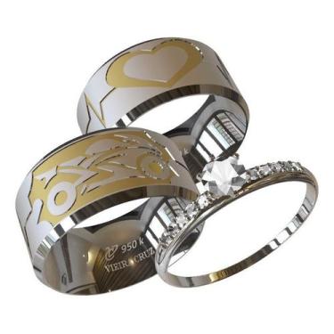 Imagem de Par De Aliança Prata Com Desenho Moto E Coração + Solitário - Vieira C