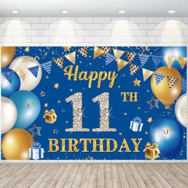 Imagem de Decorações de aniversário de 11 anos, faixa de fundo de feliz aniversário de 11 anos, azul, dourado, grande, bandeira triangular, balões, decoração de fundo para meninas, meninos, 11 anos, artigos de
