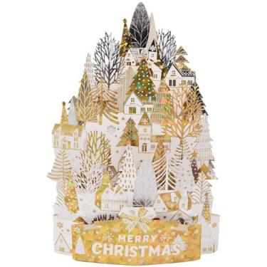 Imagem de FIAMR Cartões de felicitações pop-up 3D Platinum origami castelo cartão de Natal, fólio 3D rua e janela, envelope de papel kraft com estrelas quentes, saudações nostálgicas de Natal (Cidade Branca)