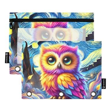 Imagem de GAIGEO Estojo de lápis padrão com 3 anéis, coruja néon, noite estrelada, zíper, fichário, bolsas, bolsos escolares transparentes, zíper 25 x 18 cm, 2 pacotes
