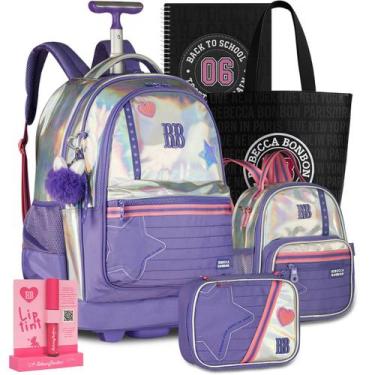 Imagem de Kit Mochila Rebecca Bonbon Holográfica Carrinho Rodinha Estojo Lanchei
