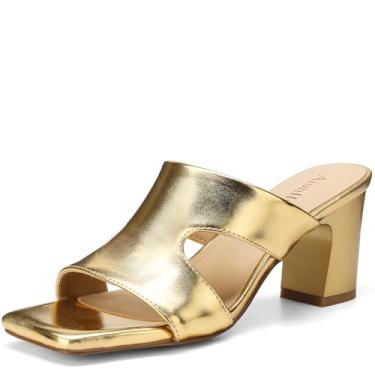 Imagem de AIUNIIND Sandálias de salto para mulheres, bico aberto, quadradas, sem cadarço, salto grosso, sandálias casuais para encontros, festas, Dourado, 37