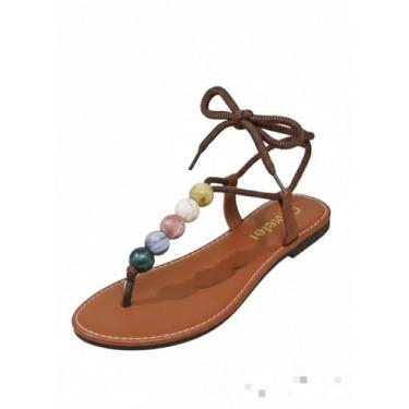 Imagem de OYOANGLE Sandália feminina com pérolas de mármore com contas Boho chinelos de praia com tira elástica no tornozelo, Marrom, 37