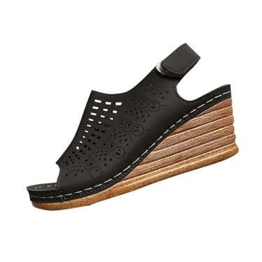 Imagem de Sandálias femininas modernas, casuais, versáteis, com fivela oca boca de peixe primavera e verão, Preto, 38