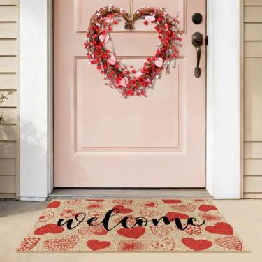 Imagem de Woosytoo Tapete de boas-vindas para o dia dos namorados, capacho de coração vermelho com grinalda, grinaldas, de borracha, antiderrapante, para decoração de varanda da frente, entrada de casa