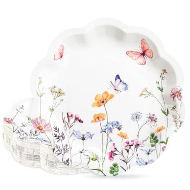 Imagem de AimFun 48 peças de pratos de papel de sobremesa de flores silvestres florais descartáveis pratos de festa primavera verão flores e borboleta, prato recortado de 18 cm para chá de bebê, chá de panela