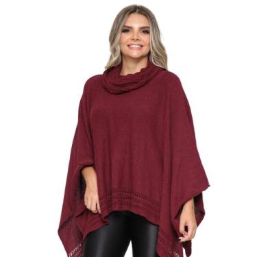 Imagem de Poncho Feminino Tricot Mousse Liso Gola Alta Casaco Lã Inverno - GIP, 