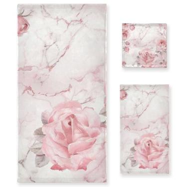 Imagem de ALAZA Conjunto de toalha de banheiro rosa branco mármore rosa, conjunto de 3 peças, 1 toalha de banho, 1 toalha de mão, 1 toalha, toalha absorvente macia para casa, cozinha, academia, praia