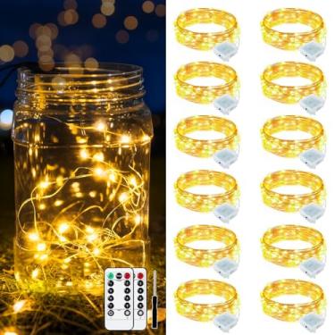 Imagem de Yooumoga Pacote com 12 luzes de fadas alimentadas por bateria com controle remoto e temporizador, 8 modos de iluminação, mini luzes de 20 LEDs para potes de pedreiro, árvores de Natal, festas e