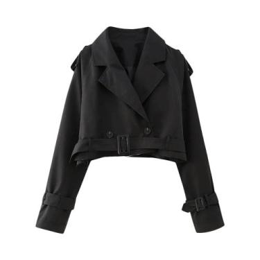 Imagem de Jaqueta Trench Vintage Cropped Feminina Com Cinto, Gola Notch, Manga L