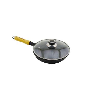 Imagem de Frigideira Ferro Fundido Cabo Madeira Tampa Vidro 22cm