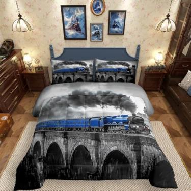 Imagem de Erosebridal Conjunto de edredom vintage com trem preto completo, com motor a vapor Lack 3D, para crianças, adultos e crianças, selva da floresta, edredom retrô, trilha, transporte, carro, colcha