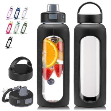 Imagem de Kodrine Garrafa de água de vidro motivacional de 947 ml preta/borossilicato com canudo e 2 tampas, manga de silicone, marcador de tempo, pode ser lavada na lava-louças e livre de BPA para viagens