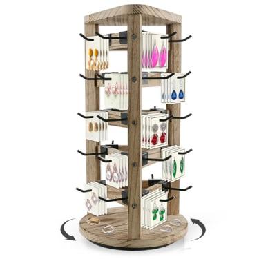 Imagem de Fumingpal Brinco giratório de madeira para vendedores, expositor de joias de madeira para fornecedores com 30 ganchos removíveis, colar de mesa de 5 níveis, expositor de chaveiro